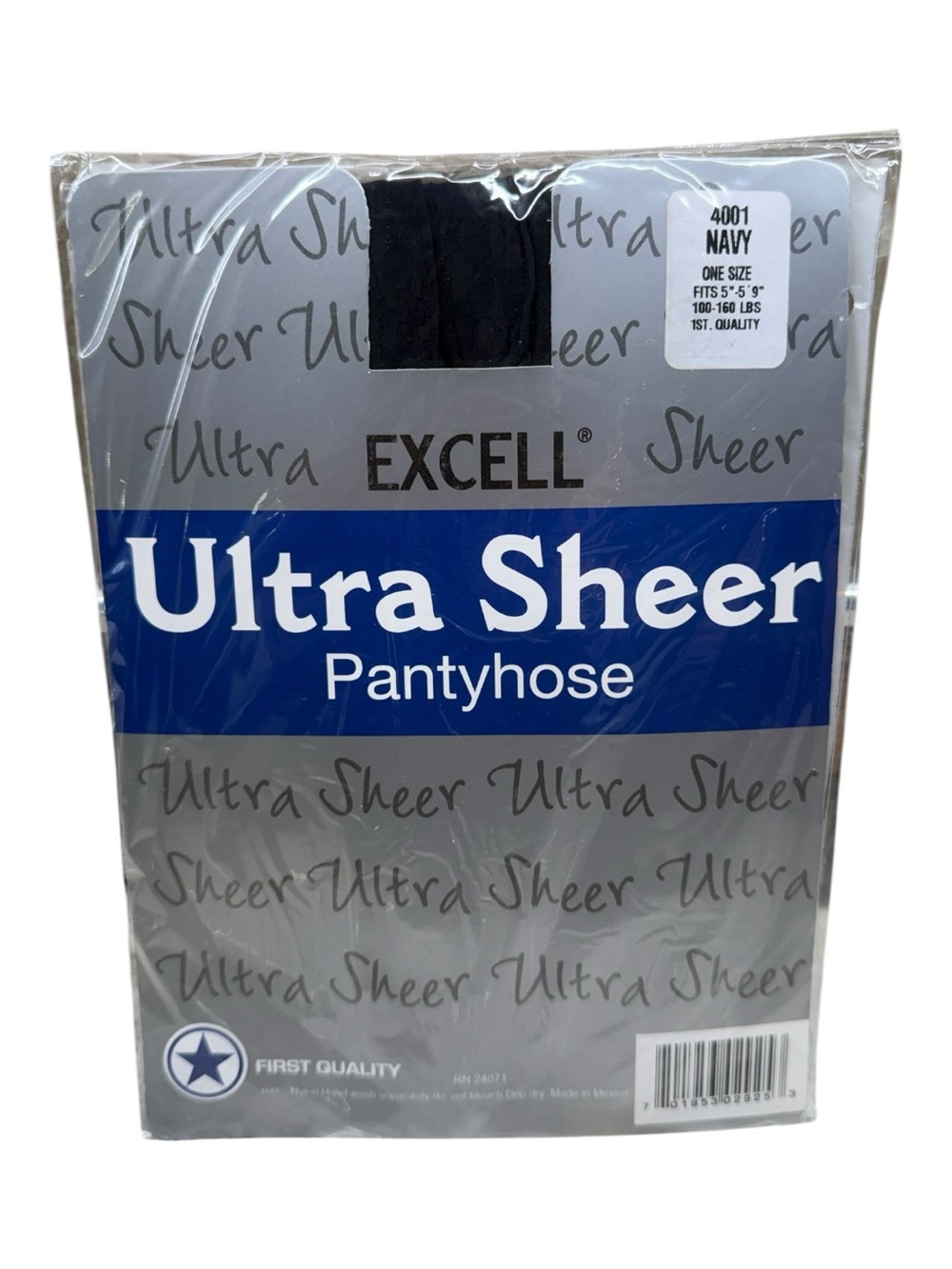 Excell Ultra Sheer Pantyhose 100% Nylon First Quality One Size Navy 100-160